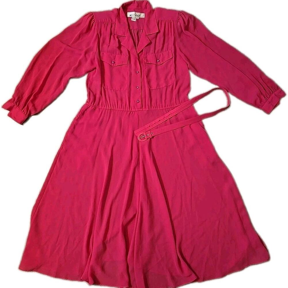 Vintage 80s Ms Chaus Hot Pink Secretary Shirt Dress Belted Shoulder Pads Sz 12